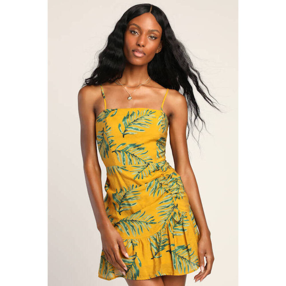 Lulus Feeling Sunny Mustard Tropical Print Asymmetrical Mini Dress Yellow